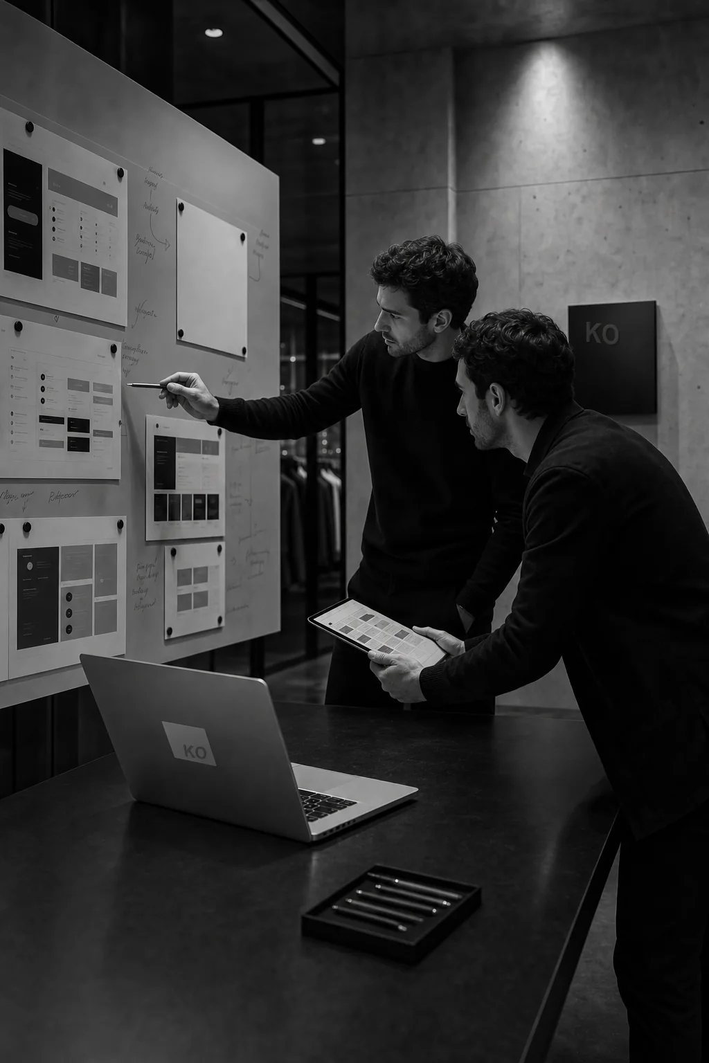 Dos diseñadores de Kronjop revisando detalles de producto junto a un portátil con pegatina de Kronjop