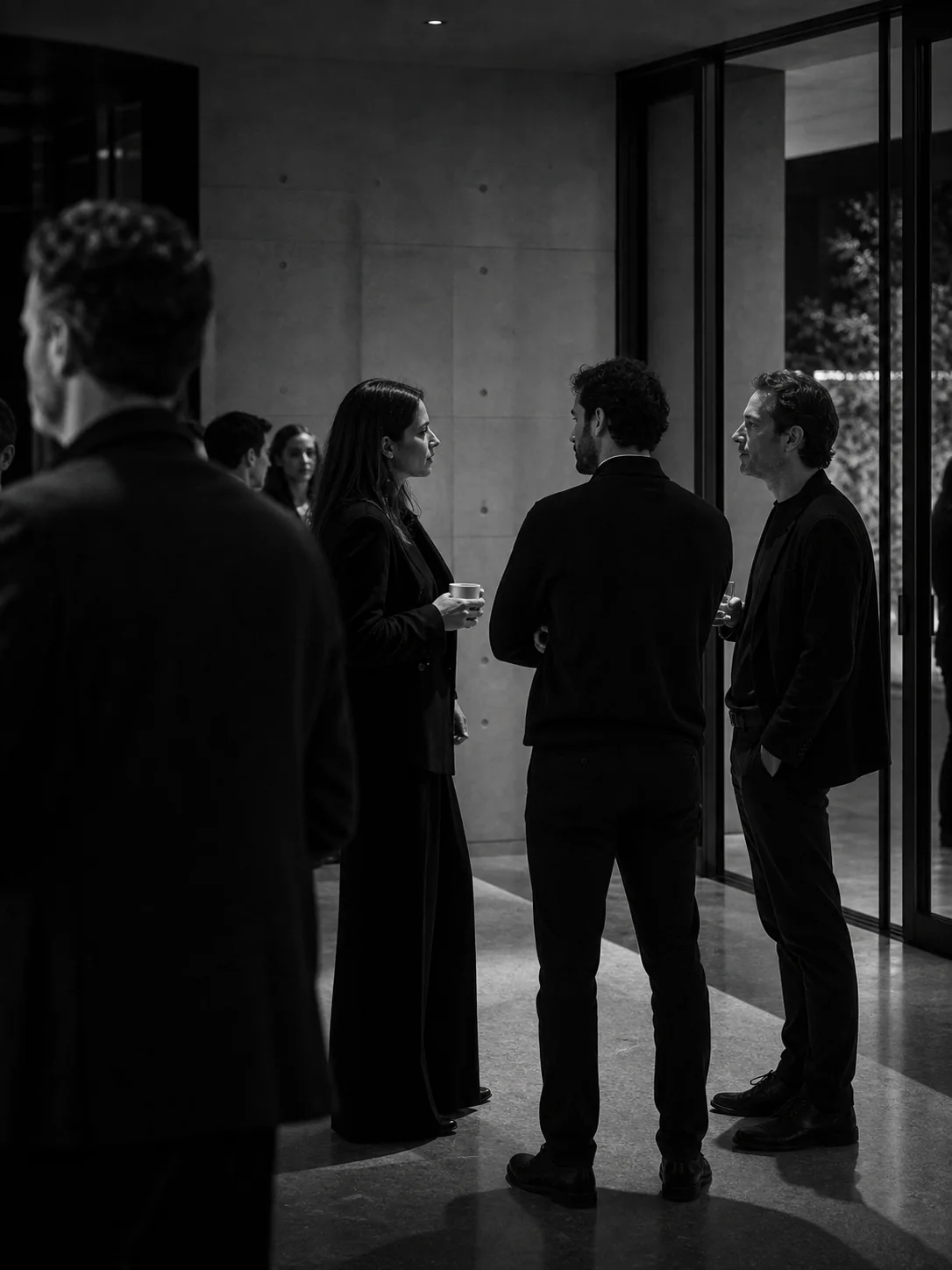 Profesionales conversando en un encuentro privado de Kronjop en blanco y negro