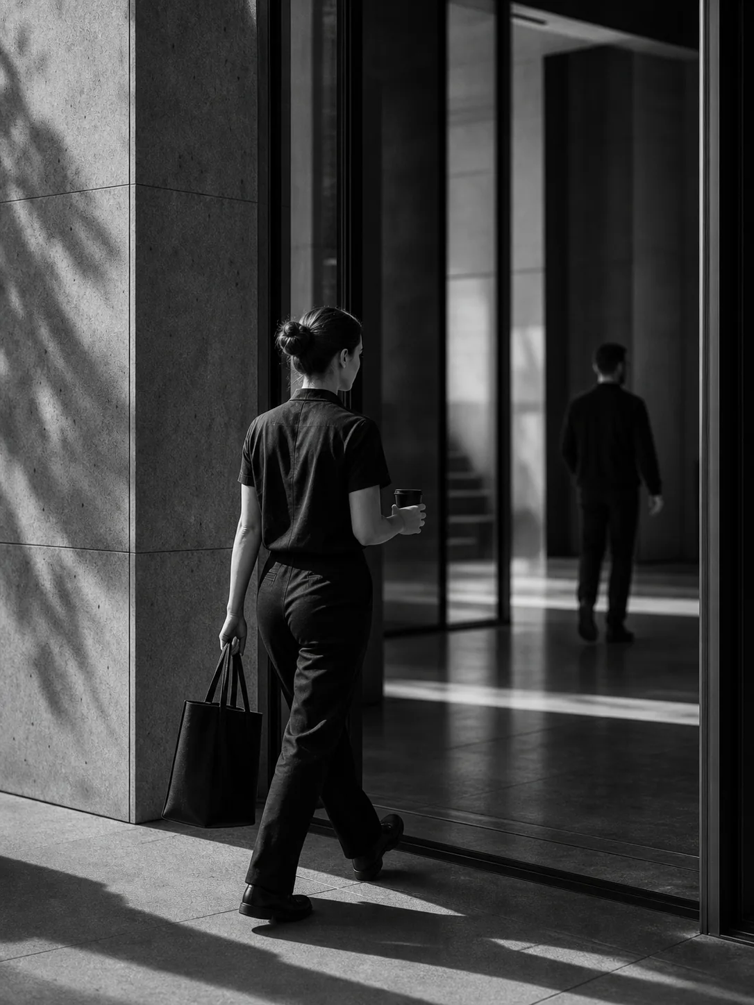 Persona entrando en un espacio de trabajo contemporáneo en blanco y negro