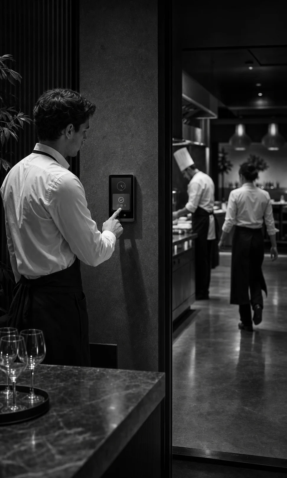 Empleado de hostelería fichando en un dispositivo antes del servicio
