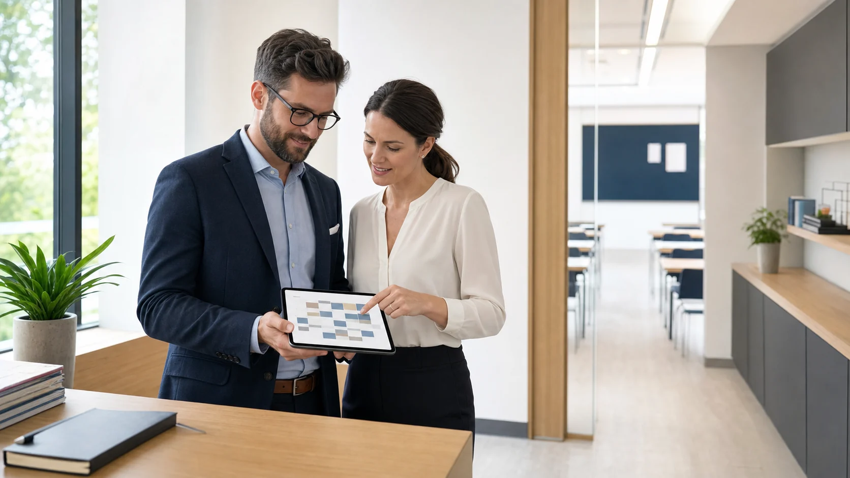 Equipo directivo de un centro educativo revisando el calendario en una tablet