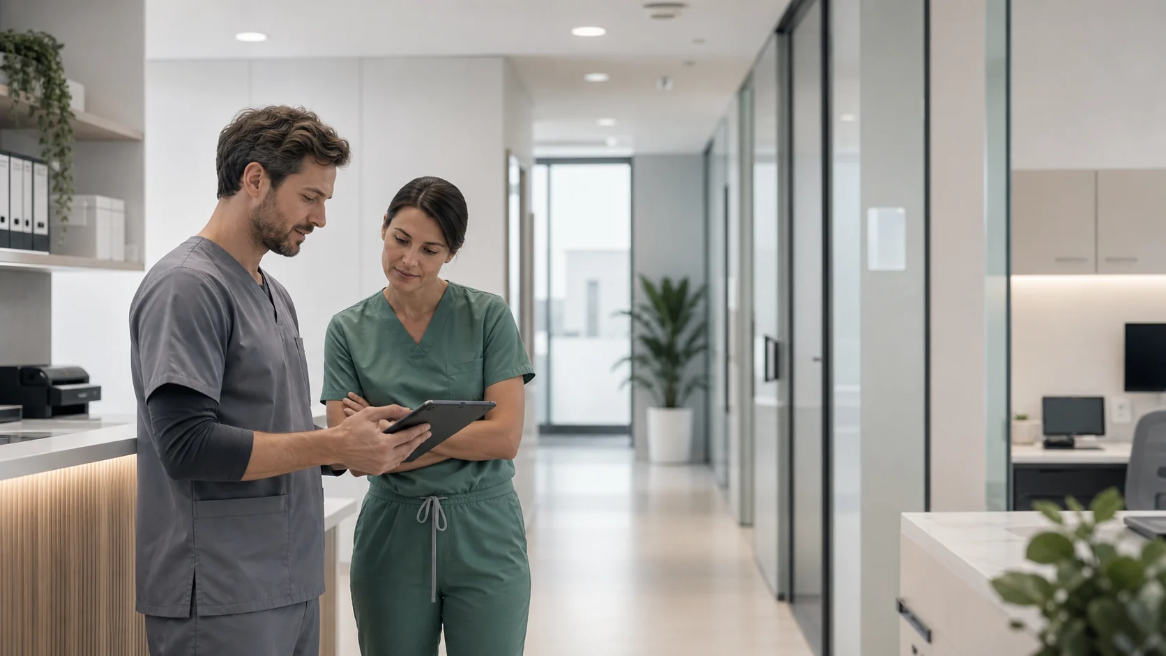 Profesionales sanitarios revisando turnos en una tablet